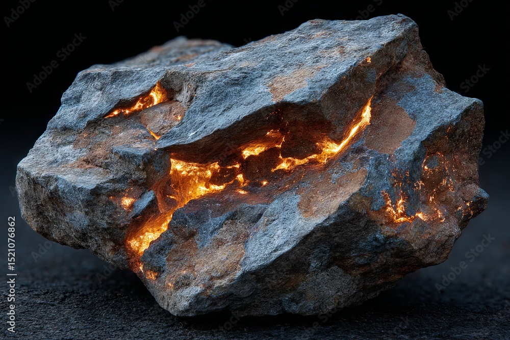 Aufkleber Rock displaying glowing fissures in a dark setting with striking textures and elements of natural illumination
