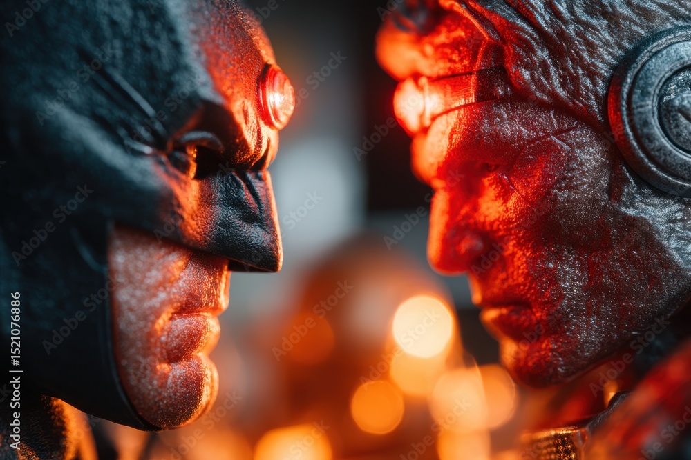 Poster a close-up, dramatic portrait of two science fiction characters facing each other, captured in a moo