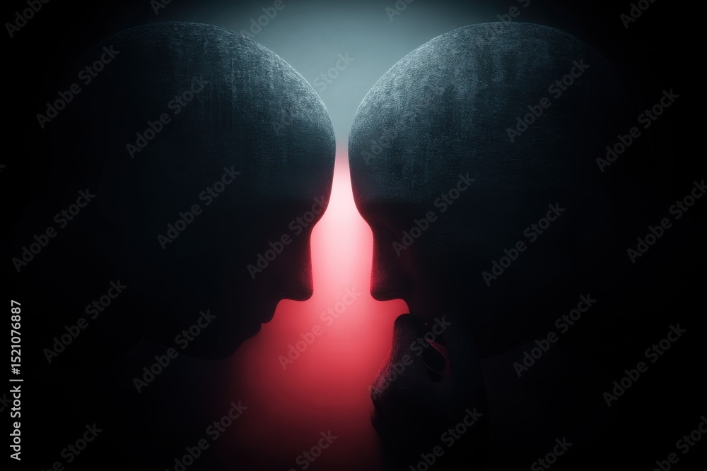 Poster two facing heads in a dark setting illuminated by a red light, creating an atmosphere of mystery and