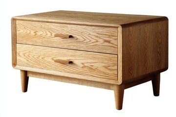 Modern wooden nightstand with two drawers in natural oak finish placed in a cozy bedroom setting
