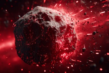 Asteroid moving through space with glowing red trails and debris in a dynamic cosmic setting