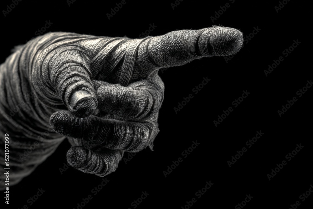 Poster mummified hand pointing forward with intricate bandaging details against a black background