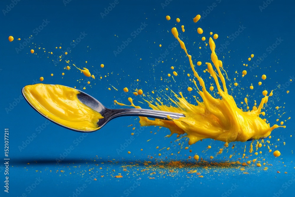 Poster Bright yellow paint splashes from spoon against a vivid blue background creating dynamic visual contrast