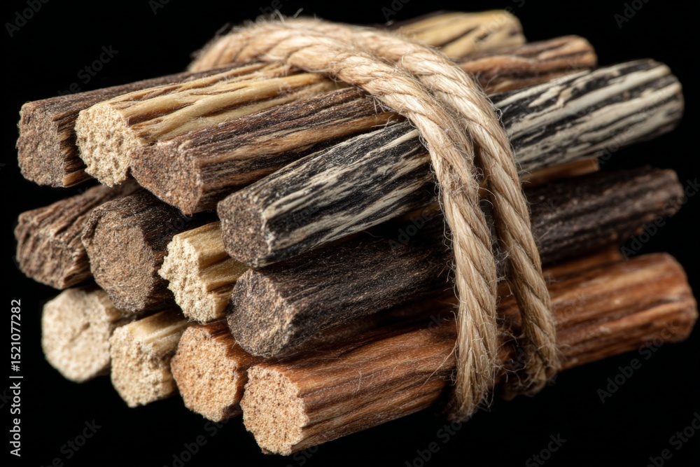 Poster bundled sticks tied with twine displayed against a dark background showcasing their natural textures