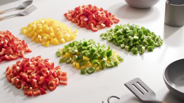 Colorful Diced Bell Peppers Preparing For Culinary Dishes
