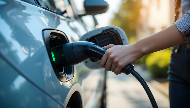 A person charging an electric vehicle, highlighting eco-friendly technology.