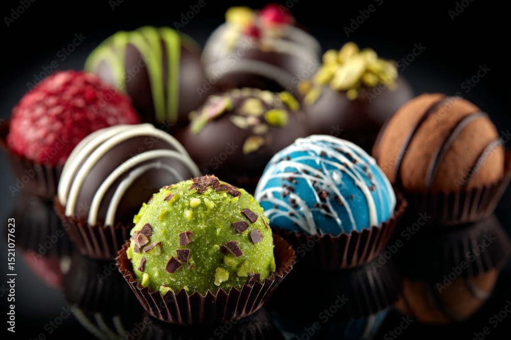 Poster colorful chocolate truffles displayed on a dark background showcase rich flavors and textures in a d