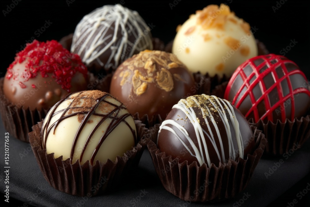 Poster decadent chocolate truffles arranged on a dark background showcasing unique flavors and textures