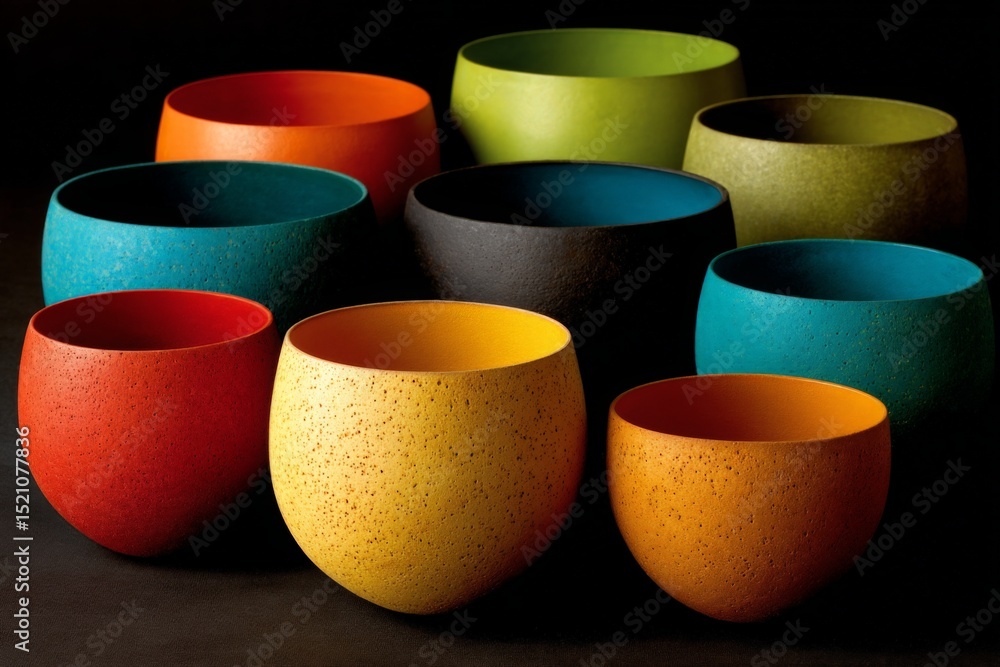 Poster colorful ceramic pots arranged artistically on a dark background creating a vibrant and modern displ