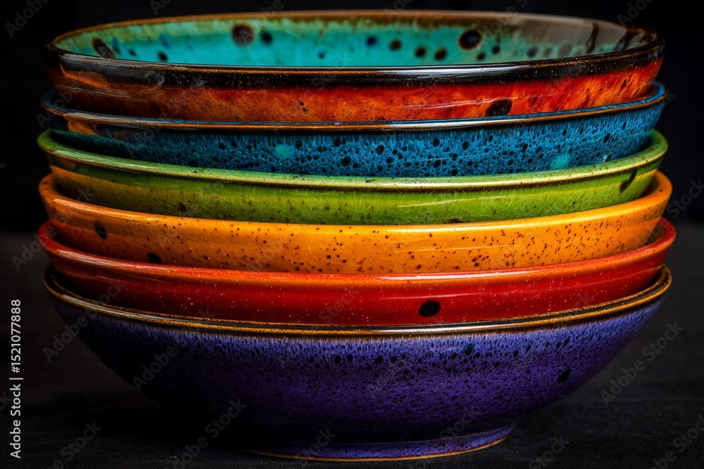 Poster stacked colorful ceramic bowls showcasing vibrant glazes and unique texture in a decorative arrangem