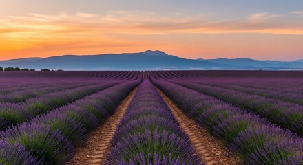 Lavender Fields at Sunset: Rows of Purple Flowers with Mountain Backdrop