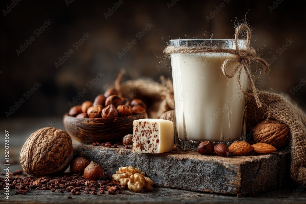 Poster creamy drink served with assorted nuts and chocolate on rustic wooden table in cozy setting