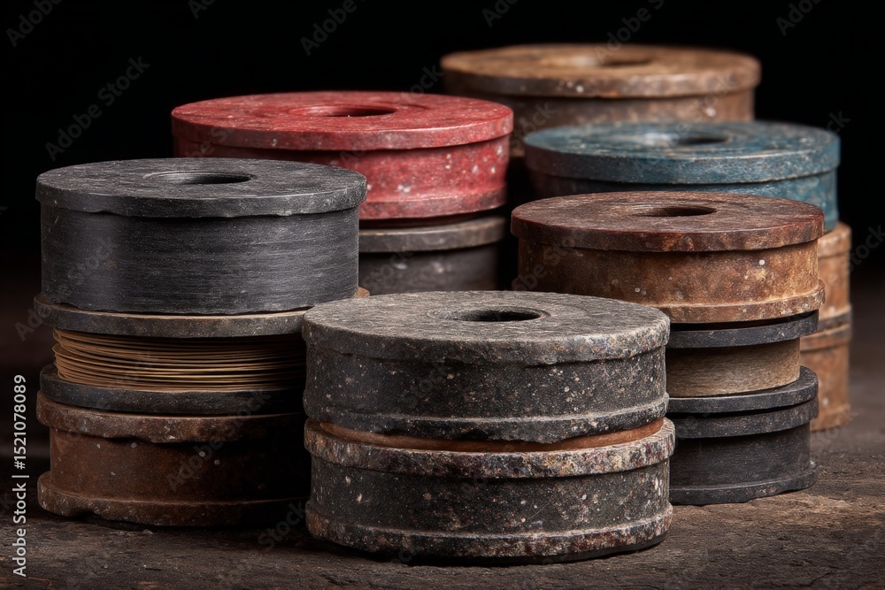 Poster Old spools of thread in various colors arranged artistically on a dark surface showcasing vintage craftsmanship and textures