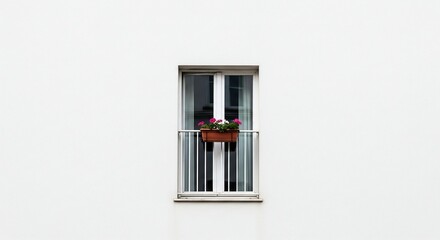 Minimalist Balcony Window with Blooming Flowers Against White Wall
