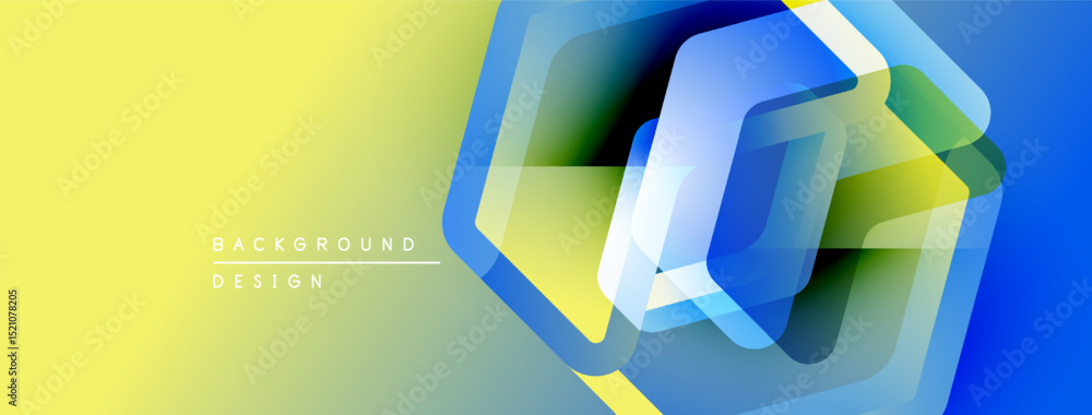 Poster Abstract geometric design. Vibrant yellow blends into blue. Overlapping hexagons create dynamic visual effect. Modern, clean aesthetic.