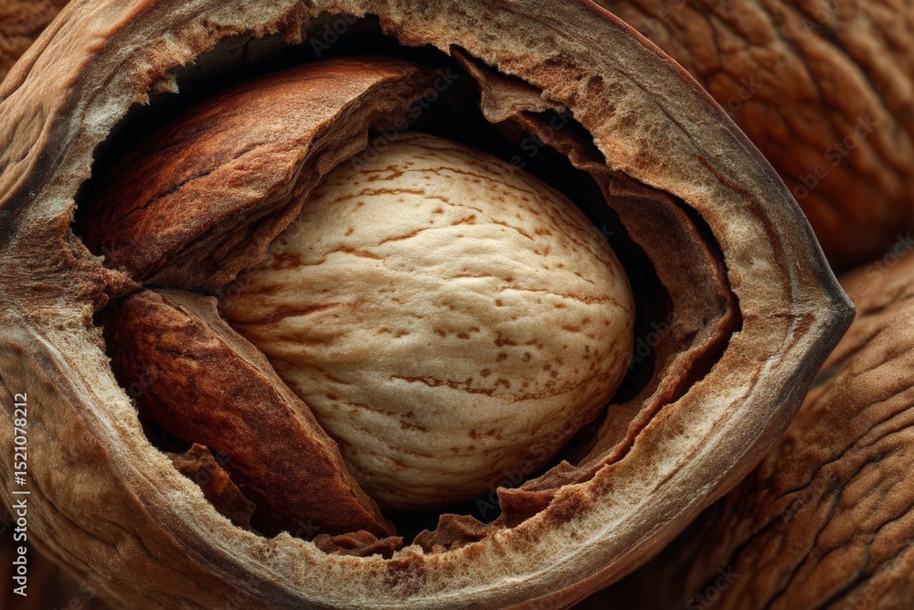 Poster Close up of a walnut in its shell highlighting the intricate textures and natural patterns