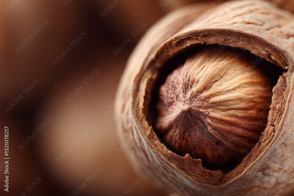 Poster Close-up of a hazelnut in its shell showcasing intricate textures and rich colors on a wooden surface