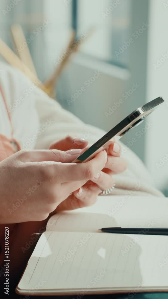 Poster Notebook, hands and phone with student in home for distance learning, education or remote study. App, communication and text message with college or university learner in apartment for scholarship