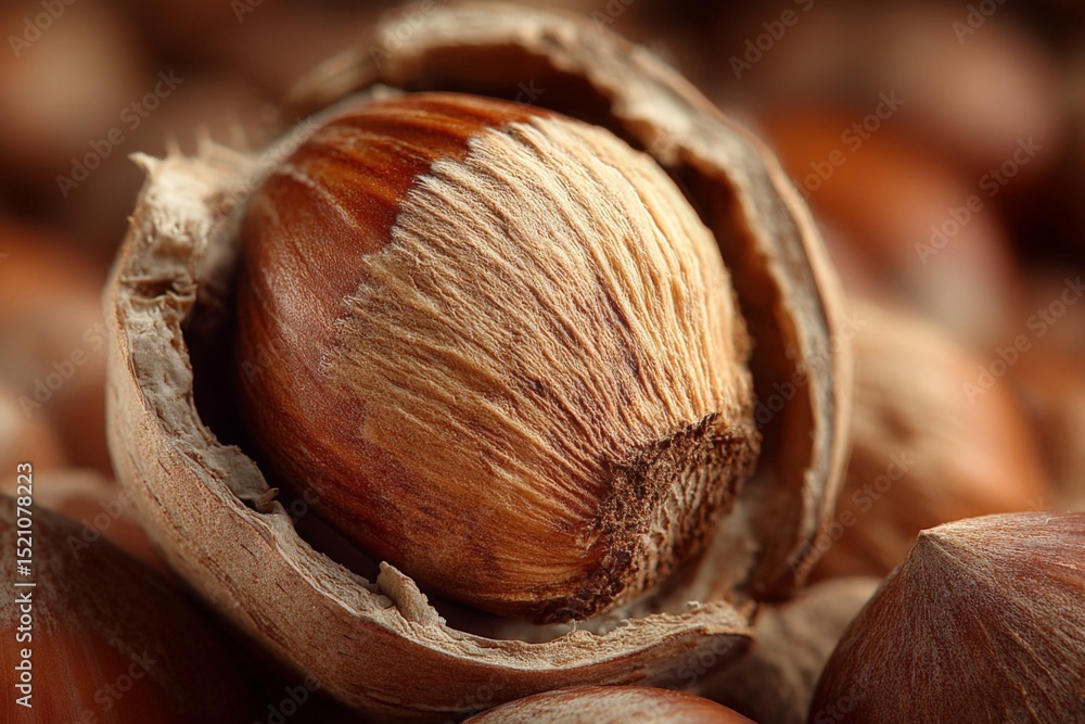 Poster Close-up view of hazelnuts in their shells showcasing texture and natural colors in a rustic setting during autumn harvesting season