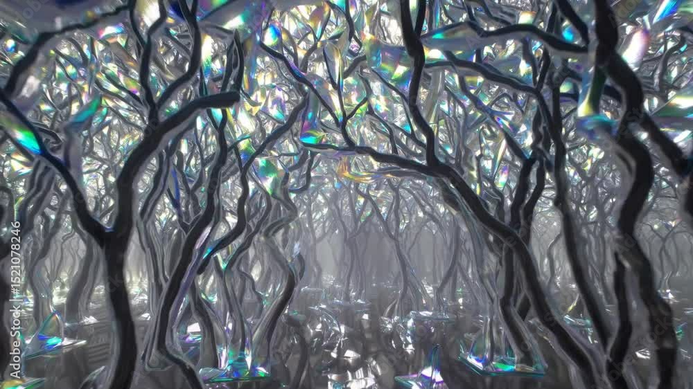 Poster light filters through an iridescent crystal forest canopy, creating a magical and otherworldly atmos