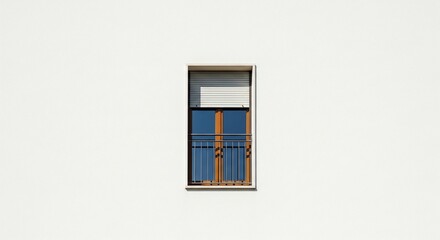 Minimalist Window on White Wall with Balcony and Closed Blinds, Sunny Day