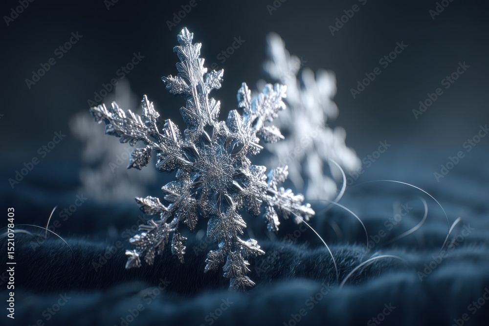 Poster detailed macro shot of delicate snowflakes showcasing intricate patterns and textures, on a soft win