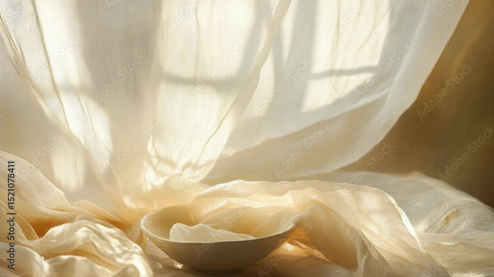 Poster a bowl sits on a table next to a curtain, providing a simple yet elegant scene
