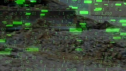 Excavator bucket scraping soil while lifting, dumping, smoothing to level with green binary overlay - Powered by Adobe