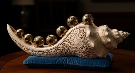 Ornate Carved Seashell with Golden Spheres on a Blue Velvet Cushion