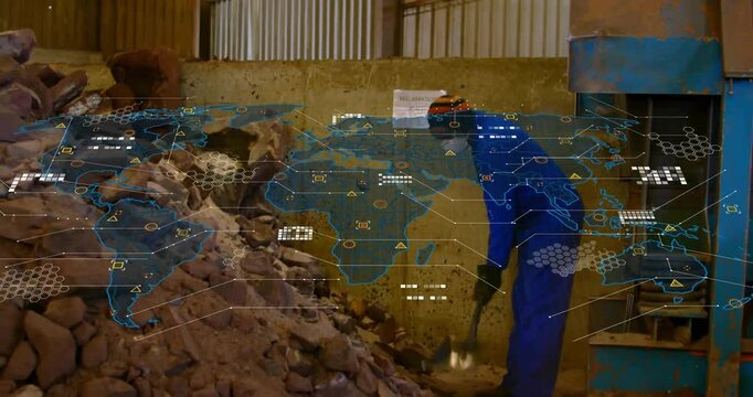 Recycling technician plunging shovel instigating digital map while moving debris onto conveyor