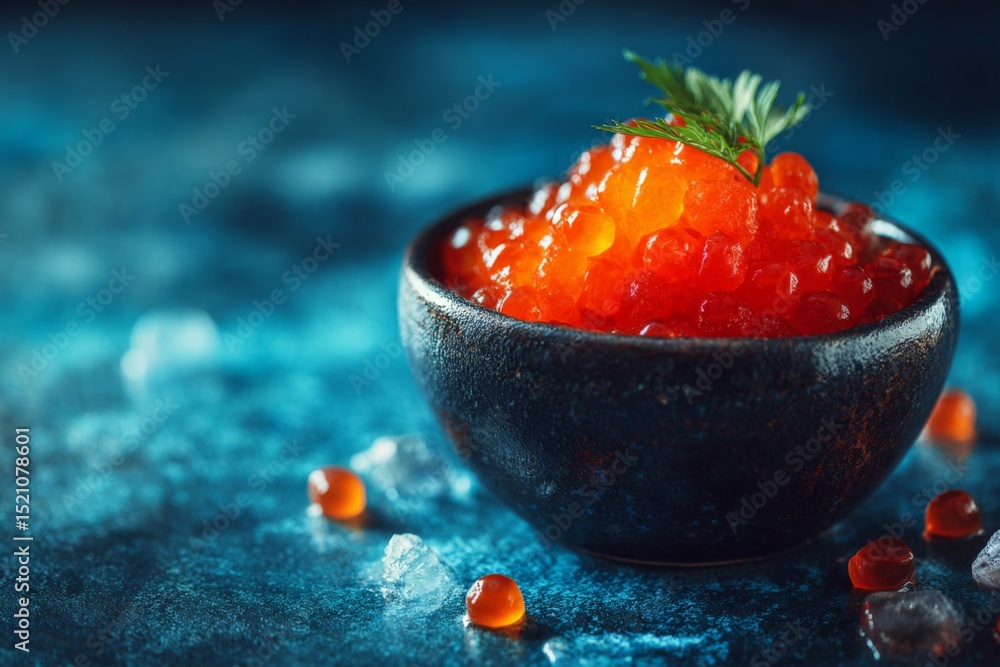 Aufkleber delicious salmon roe served in a rustic bowl on a textured blue background