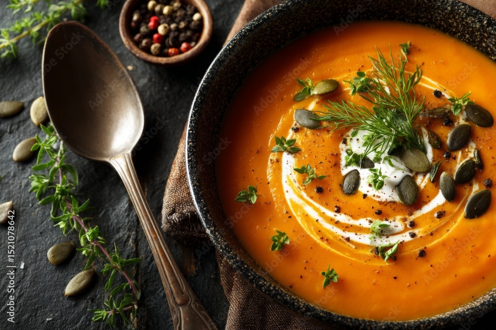 Poster warm and comforting butternut squash soup with fresh herbs and cream served in a rustic bowl on a da
