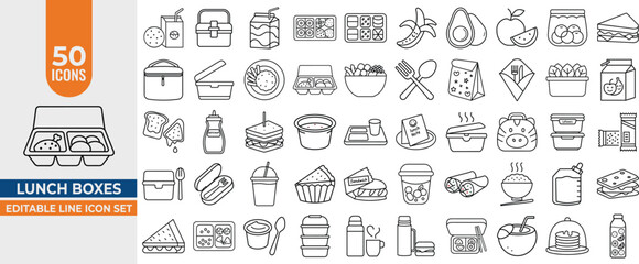 50 Editable Vector Line Icons for Lunch Boxes, Snacks, Sandwiches, Food Containers. Editable stroke. Vector illustration