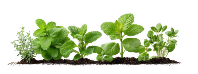 Fresh herbs including thyme, mint, and other leafy greens arranged row, showcasing their vibrant green colors and healthy appearance. These organic herbs are perfect for culinary use and add