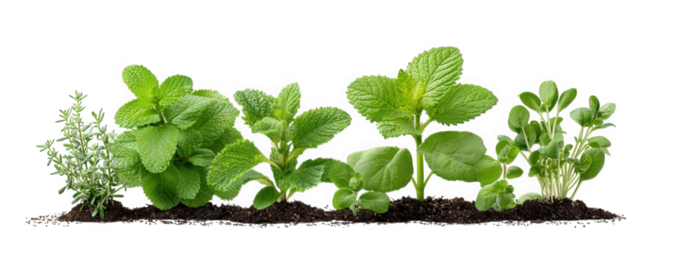 Fresh herbs including thyme, mint, and other leafy greens arranged row, showcasing their vibrant green colors and healthy appearance. These organic herbs are perfect for culinary use and add