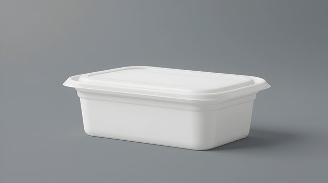 Blank white, rectangular, disposable plastic container for butter, margarine spread, cheese isolated side, perspective view 3d realistic vector illustration. Dairy food product sealed packaging mockup
