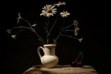 Draped background. Still life of flowers - summer blooming chamomile
