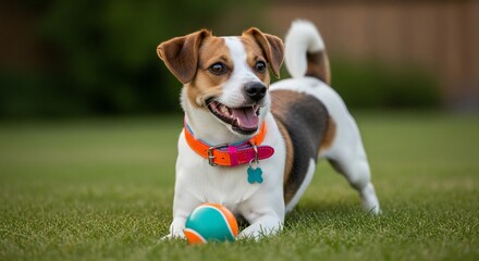 Playful Jack Russell Terrier with Colorful Collar and Ball on Green Grass