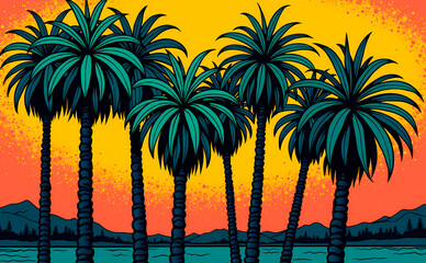 Bright tropical background with palm trees against a colorful sunset in Pop Art style