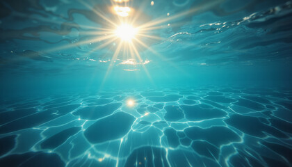 Underwater view with sunlight rays illuminating the serene blue water surface