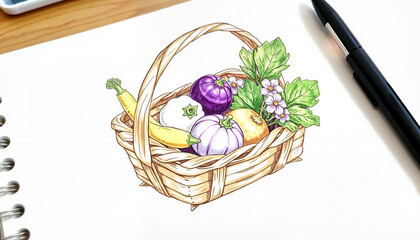 Hand-drawn sketch of a basket filled with colorful vegetables on a blank page