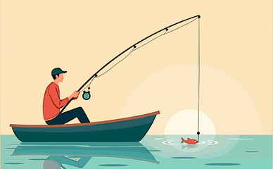 Vector fisherman catching a fish from a boat at sunset on a tranquil water background