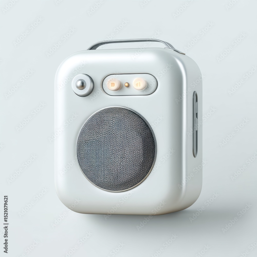 Poster close-up studio shot of a sleek white portable speaker with retro design elements and metallic accen