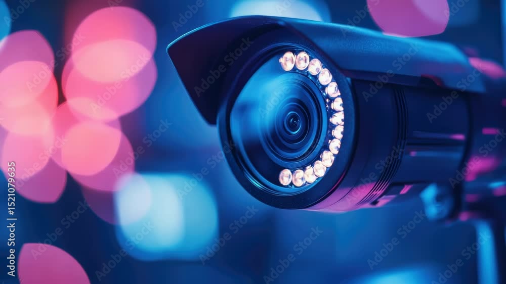 Poster a close-up shot of a camera with blurred lights in the background, ideal for use in photo or film-re