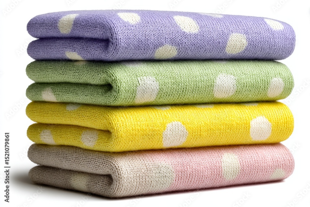 Poster Soft cotton towels stacked in pastel colors with polka dots, perfect for adding a touch of warmth to any bathroom decor