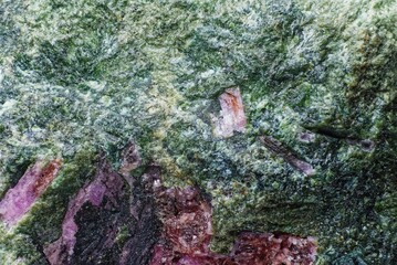Cobaltocalcite with Kolwezite (green structural type of malachite) on matrix. Kolwezi, Lualaba, DR Congo. High magnification microscopy, scale of 10X