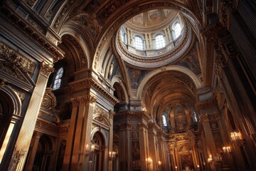 Fototapeta premium An opulent interior of a historic cathedral featuring gilded arches, ornate decorations, and a majestic dome adorned with religious artwork, bathed in warm, ethereal light.