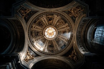 Obraz premium An awe-inspiring view of an ornate dome with golden accents, a skylight, and intricate paintings, creating a sense of grandeur and artistic mastery.