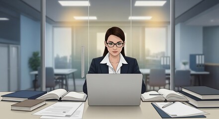 Professional Woman Working at Desk with Laptop and Books in Office Setting
