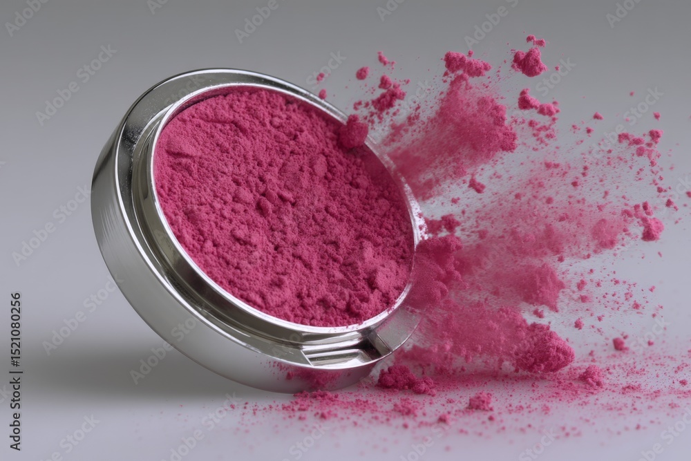 Poster bright pink powder spills from an open cosmetic container on a grey background creating a striking e